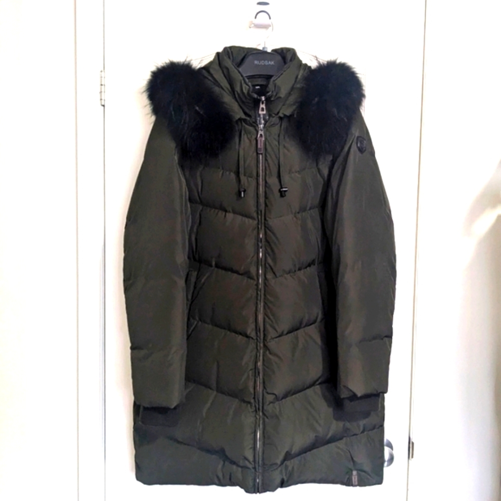 XL Rudsak Down Winter Jacket - Khaki Green & Black - Genuine Fur